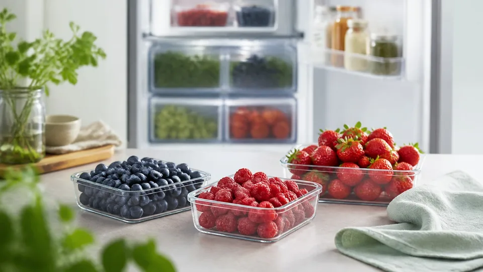 Blueberries, raspberries, and strawberries in shallow glass containers by a fridge