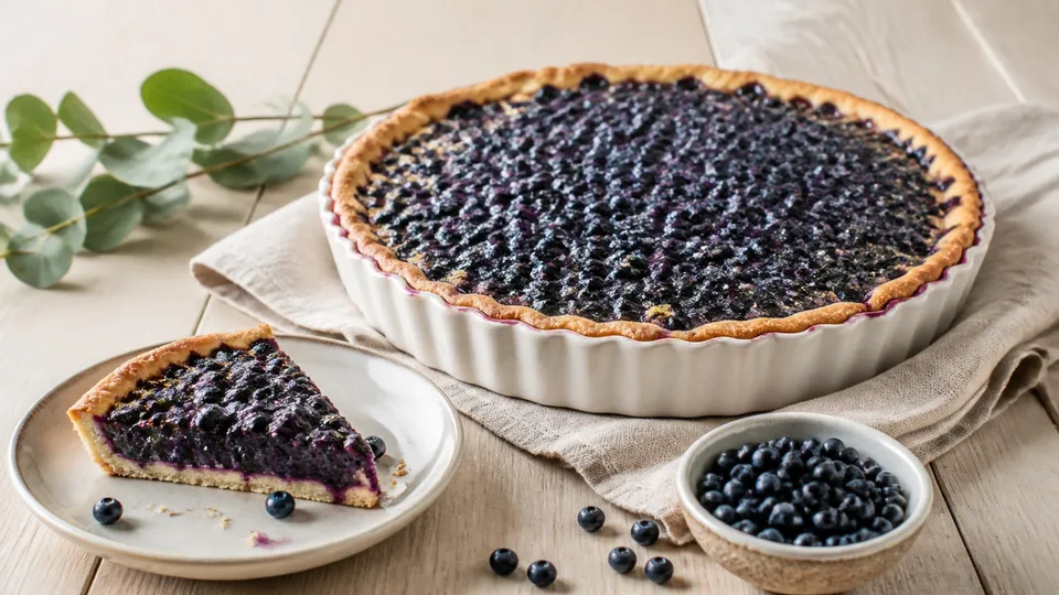 A fresh blueberry pie and a slice on a light wooden table