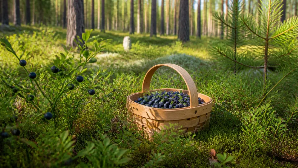 A basket filled with blueberries in a sunlit Finnish forest